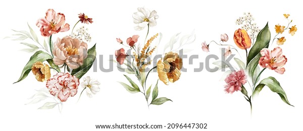 Watercolor\
floral bouquet illustration set - blush pink blue yellow flower\
green leaf leaves branches bouquets collection. Wedding stationary,\
greetings, wallpapers, fashion,\
background.