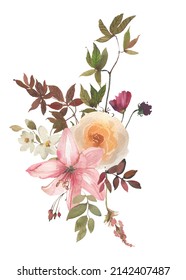 Watercolor Floral Bouquet Pastel Pink Peach Ivory Teal Burgundy Flowers Leaves Vintage Bundle