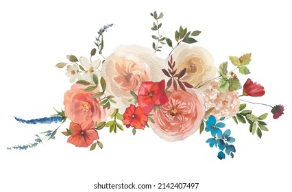 Watercolor Floral Bouquet Pastel Pink Peach Ivory Teal Burgundy Flowers Leaves Vintage Bundle