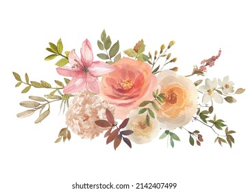 Watercolor Floral Bouquet Pastel Pink Peach Ivory Teal Burgundy Flowers Leaves Vintage Bundle