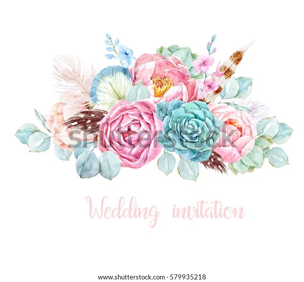 ピンクの牡丹の花を持つ水彩の花花束 羽とユーカリの葉 ディルフィニウム カードの招待 のイラスト素材