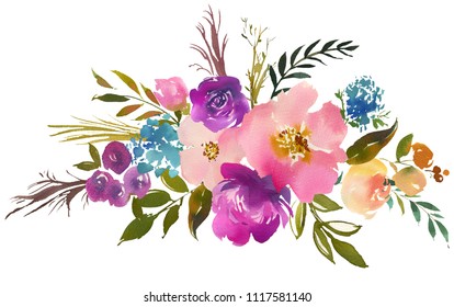 Watercolor Floral Bouquet Pink Red Purple Stock Illustration 1117581140 ...