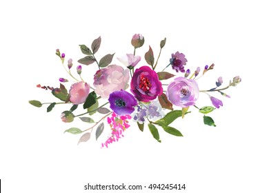 Watercolor Illustration Pink Flowers Green Leaves Stock Illustration ...