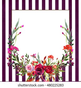 Watercolor Floral Bouquet Red Pink Flowers And Purple Stripes Roses Leaves Wreath Background Template Frame Boarder For Wedding Invitations Baby Shower 