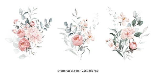 Watercolor floral bouquet set with green leaves, pink peach blush white flowers, leaf branches, for wedding invitations, greetings, wallpapers, fashion, prints. Eucalyptus, olive, rose, peony.: ilustracja stockowa