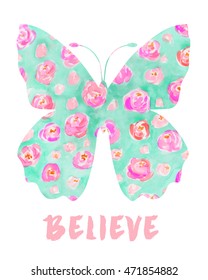 Watercolor Floral Butterfly Art Printable Believe Stock Illustration ...