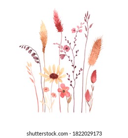 Watercolor floral card with abstract wildflowers, isolated illustration on white background in vintage style.
