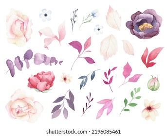 Watercolor Floral Clipart Set. Pink, Lilac, Purple Leaves And Flowers. Hand Painted Illustration Isolated On White Background.