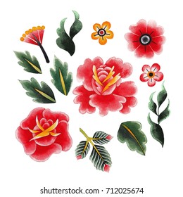 Watercolor floral collection isolated on white background. Hand painted old school tattoo design. Traditional style