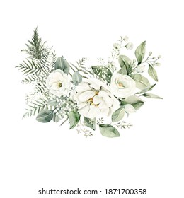 Watercolor floral composition. Hand painted white flowers, forest leaves of fern, eucalyptus, gypsophila. Green bouquet isolated on white background. Botanical illustration for design, print - Powered by Shutterstock