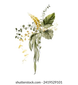 Watercolor floral composition. Hand painted flowers, green forest leaves of fern, eucalyptus, golden leaf. Bouquet isolated on white background. Botanical illustration for design, print or background - Powered by Shutterstock