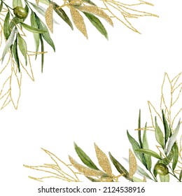 Watercolor Floral Corner with Olive branches, Gold Glitter Botanical Frame, Olive Berries and Branches Border, Hand painted Exotic illustration on white background,  Floral Split border for wedding