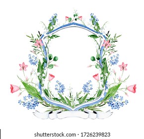 Watercolor Floral Crest. Lily Of The Valley And Wild Flowers Crest.