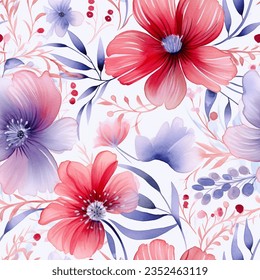 watercolor floral design seamless pattern, in the style of light red and blue, shaped canvas, nature-inspired, aquarellist, light red and purple, light red and violet - Powered by Shutterstock