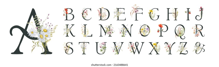 Watercolor Floral English Alphabet Set With Wild Flowers From A To Z
