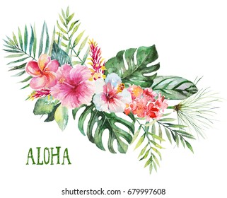 Watercolor floral flower illustration - bouquet with tropical green leaves & vivid flowers, for wedding stationary, greetings, wallpapers, fashion, backgrounds, textures, DIY, wrappers, postcards.