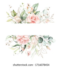 Watercolor floral frame / border - flowers, green leaves & gold elements, for wedding stationary, greetings, wallpapers, fashion, background. Eucalyptus, olive, green leaves, etc.