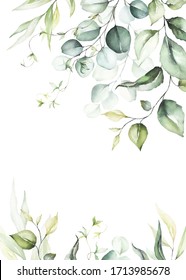 Watercolor floral frame / border with green leaves and branches, for wedding stationary, greetings, wallpapers, fashion, background. Eucalyptus, olive, green leaves.