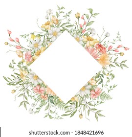 Watercolor Floral Frame. Bright Summer Flowers, Meadow Field, Spring Pink And Yellow Flower And Leaves. Frame For Wedding Invitation, Card, Logo, Greeting, Promo. Delicate, Romantic, Feminine Art