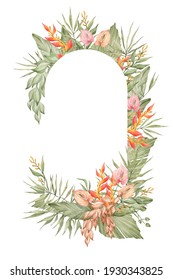 Watercolor floral frame with  bright tropical flower, strelitzia, monstera, palm leaf. Botanical arrangement for wedding invites, greeting, card. Decorative ornament template. Summer floral arch frame