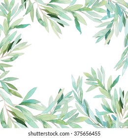 Watercolor Floral Frame Card. Hand Painted Border With Branches And Leaves Isolated On White Background. Botanical Frame Design