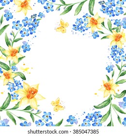 Watercolor floral frame card. Hand painted border with Forget-me-not Flower, Narcissus, butterflies and leaves isolated on white background. Copy space 