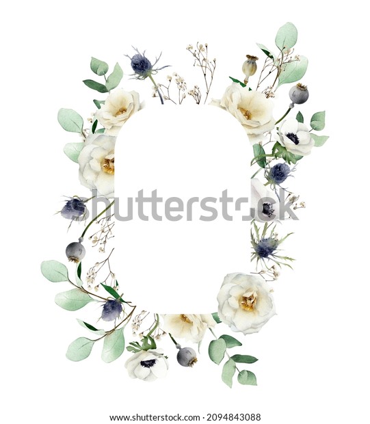Watercolor floral frame with creamy rose flowers,\
thistle, eucalyptus, dry gypsophila. Hand-drawn winter spring\
border template isolated on white background for wedding\
invitations, cards, and\
logo