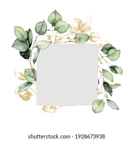 Watercolor Floral Frame Gold Eucalyptus Branches Stock Illustration ...