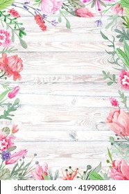 Watercolor Floral Frame On Wood Background | Shabby Chic Vintage Card Template For Wedding, Summer Event Invitation, Menu, Table Card With Meadow Flowers And Herbs