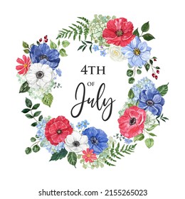 Watercolor floral frame with red, white, and blue flowers. Hand-painted poppy, anemone, greenery botanical frame. Holiday decor. Invitation design. Patriotic card.