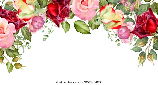 Watercolor Floral Frame. Rose  Flower Border, Isolated On A White Background. The Elegant Design For Wedding Invitation, Stationary, Greeting Cards And Web Design. Hand Drawing Square Illustration.