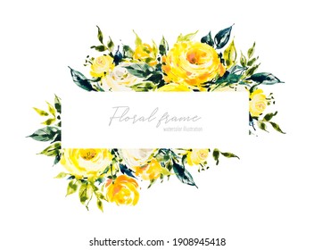 Watercolor floral frame and yellow   white roses  Botanical hand drawn illustration  Flowers bouquet  Sketch  Vintage painting style  Template for creating invitations  cards  posters