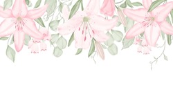 Watercolor Floral Frame-border With Pale Pink Lilies And Light Green Foliage On A White Background, Hand-drawn. For Wedding Invitation, Textile, Wallpapers, Greeting Card, Scrapbooking, Wrapping.