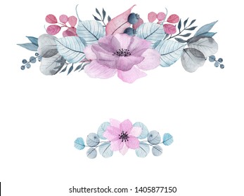Watercolor floral frames with delicate pink, blue, lilac flowers, petals, branches, leaves, twigs, butterflies, bird for wedding invitations, greeting cards