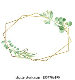 Watercolor Floral Gold Foil Geometric Frame Stock Illustration ...