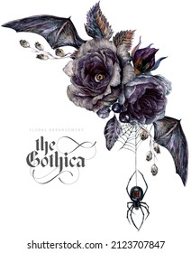 Watercolor Floral Gothic Arrangement Isolated on White Background. Halloween Botanical Illustration in Vintage Style. Gothic Dark Wedding Decoration. Bouquet of Ash Roses, Bat Wings, Evil Eye, Spider
