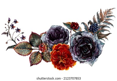 Watercolor Floral Gothic Arrangement Isolated on White Background. Halloween Botanical Illustration in Vintage Style. Gothic Dark Wedding Decoration. Bouquet of Ash Roses, Marigolds, Fern.