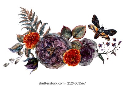 Watercolor Floral Gothic Arrangement Isolated on White Background. Halloween Botanical Illustration in Vintage Style. Gothic Dark Wedding Decoration. Bouquet of Ash Roses, Marigolds, Fern, Moth.
