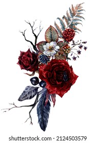 Watercolor Floral Gothic Arrangement Isolated on White Background. Halloween Botanical Illustration in Vintage Style. Gothic Dark Wedding Decoration. Bouquet of Red Roses, Feathers, Fern.