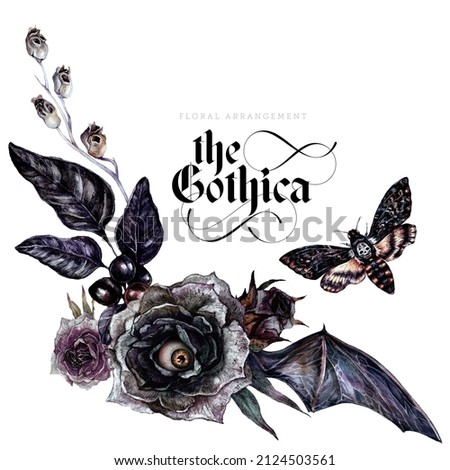 Watercolor Floral Gothic Arrangement Isolated on White Background. Halloween Botanical Illustration in Vintage Style. Gothic Dark Wedding Decoration. Bouquet of Ash Roses, Bat Wings, Evil Eye, Moth.