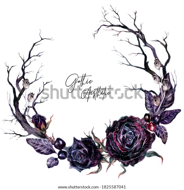 Watercolor Floral Gothic Wreath Dry Branches Stock Illustration 1825587041