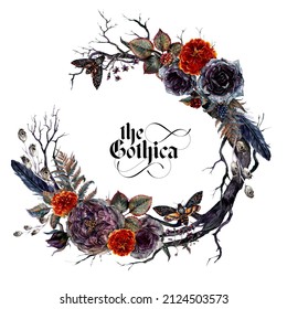 Watercolor Floral Gothic Wreath Isolated on White Background. Botanical Halloween Illustration in Vintage Style. Gothic Dark Wedding Decoration. Arrangement of Ash Roses, Marigolds, Feathers, Branches