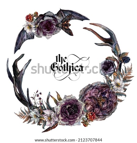 Watercolor Floral Gothic Wreath Isolated on White Background. Botanical Halloween Illustration in Vintage Style. Gothic Dark Wedding Decoration. Arrangement of Ash Roses, Antlers, Fern, Bat Wings.