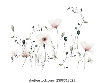 Стоковая иллюстрация: Watercolor floral growing bouquet of delicate pastel pink, poppy, ginko biloba, wild flowers, green leaves, branches. 