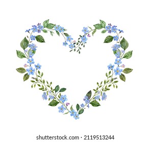 Watercolor floral heart wreath and wildflowers   green leaves  isolated white background  Wedding botanical invitation  photo border card template  Blue forget  me  not flowers frame 