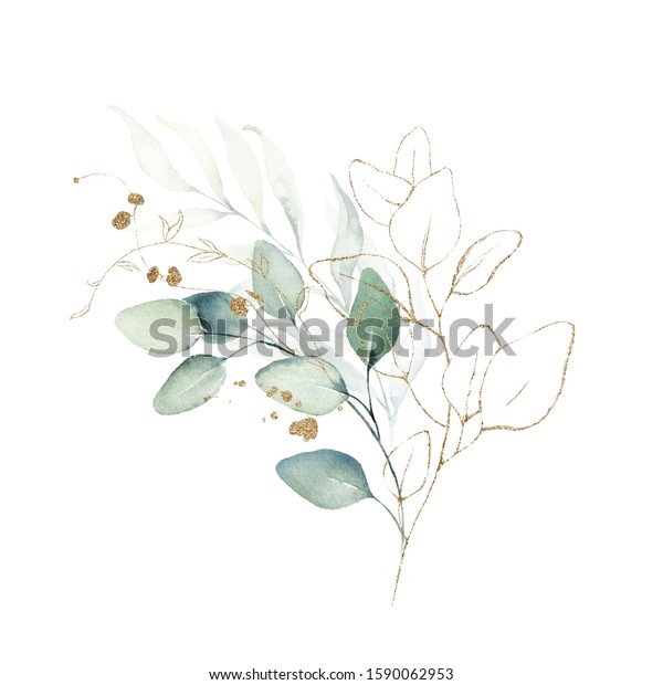 Watercolor Floral Illustration Bouquet Green Gold Stock Illustration ...