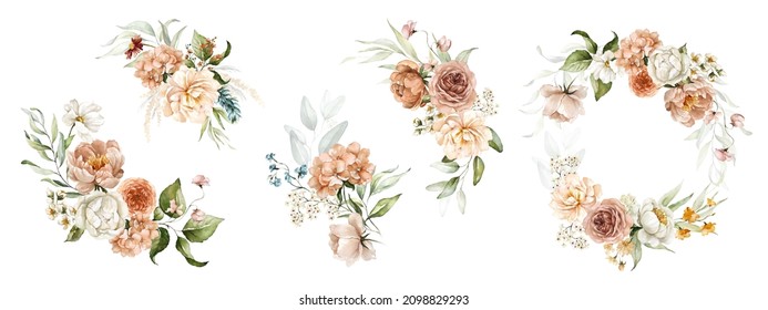 Watercolor floral illustration bouquet set - collection green blush blue yellow pink frame, border, wreath, frame; wedding stationary, greetings, wallpaper, fashion, posters, background. Leaves, rose. - Powered by Shutterstock