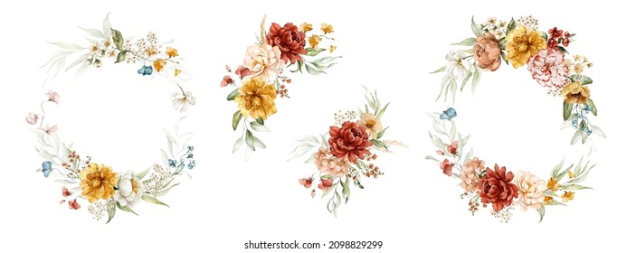 Watercolor floral illustration bouquet set - collection green blush blue yellow pink frame, border, wreath, frame; wedding stationary, greetings, wallpaper, fashion, posters, background. Leaves, rose.