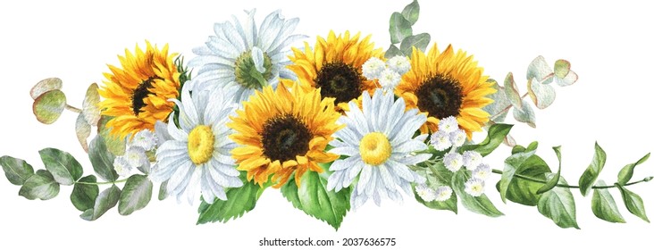 Watercolor floral illustration  Bouquet sunflowers  chamomile   eucalyptus isolated white background  Handmade flowers for wedding anniversary  birthday  invitations   postcards