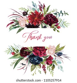 Watercolor floral illustration - burgundy flowers border / frame for wedding stationary, greetings, wallpapers, fashion, background. Peony, dahlia, rose, anemone, eucalyptus, olive, green leaves, etc.
